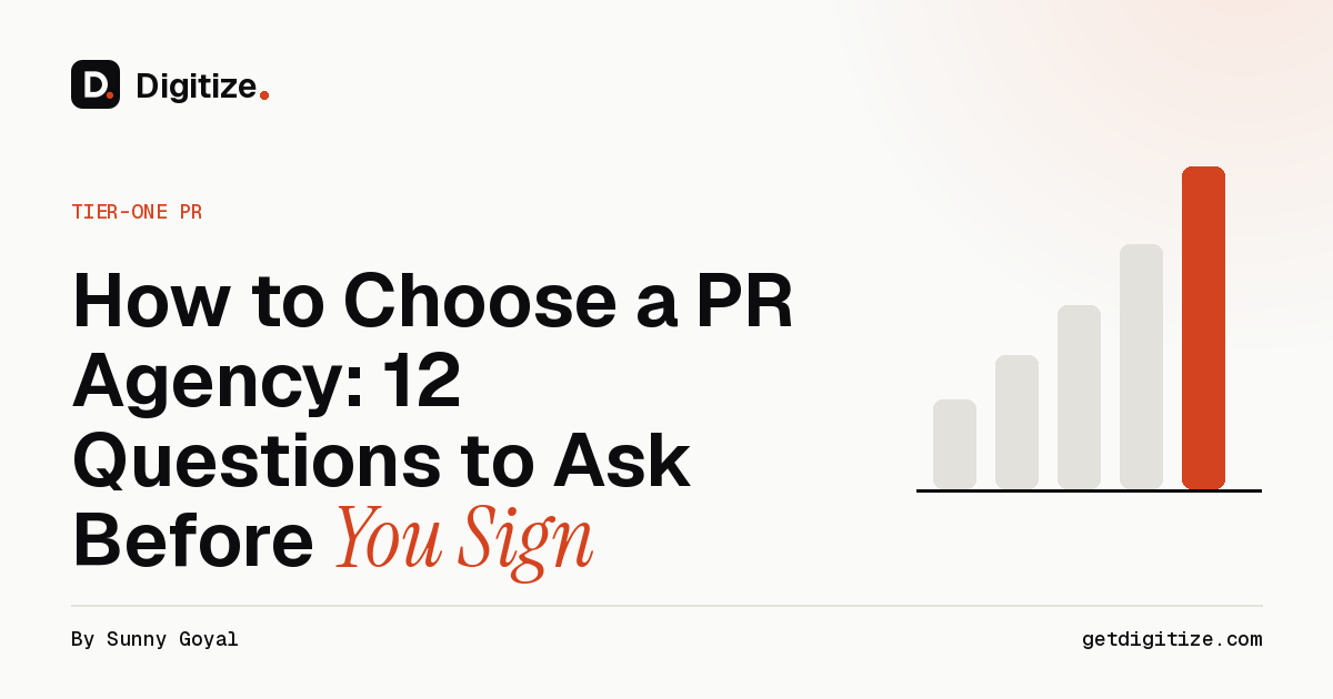 Digitize title card for a guide on how to choose a PR agency, with 12 questions to ask before signing