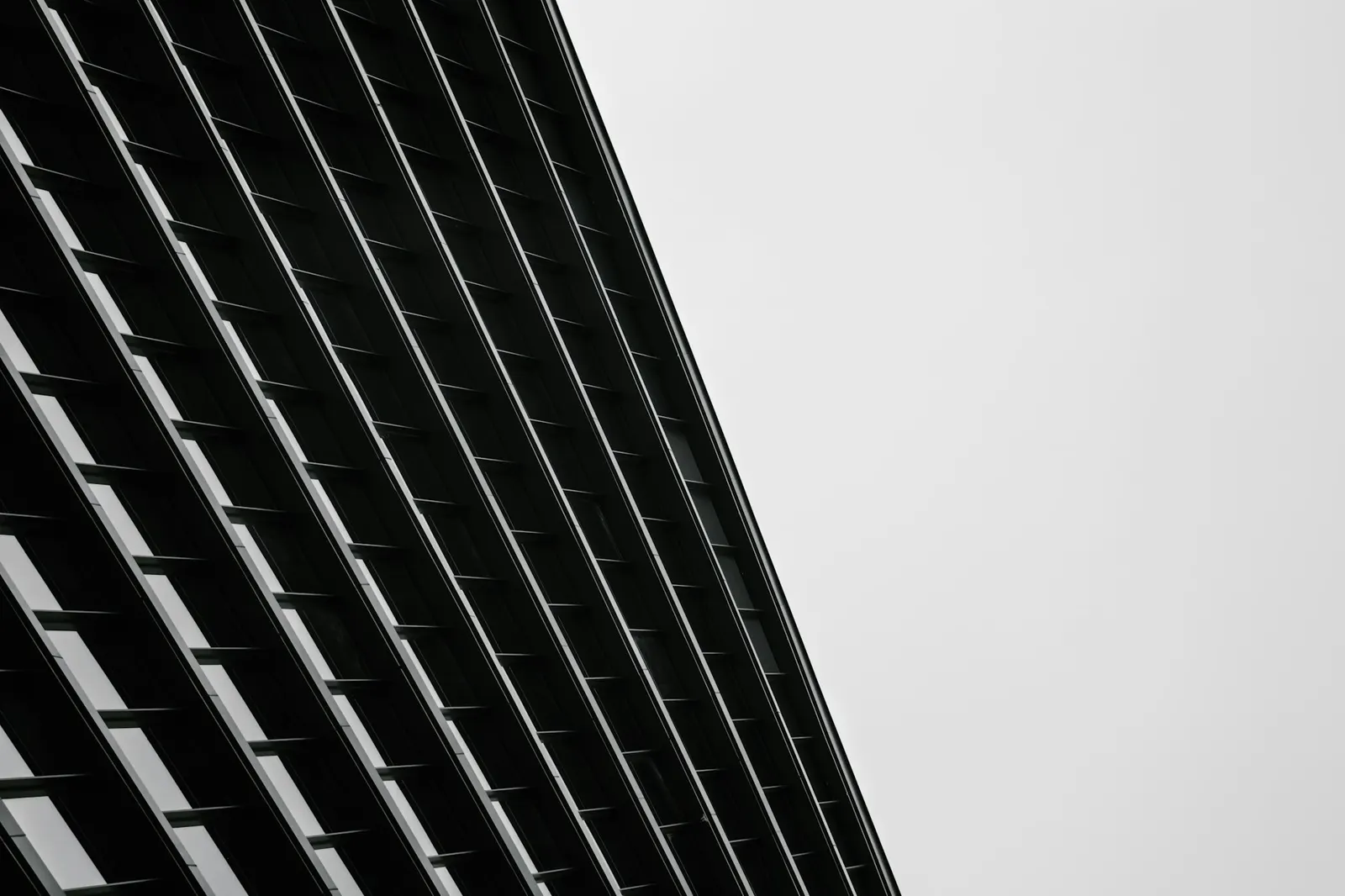 A modern building facade with repeating louvers, photographed in black and white against a pale sky